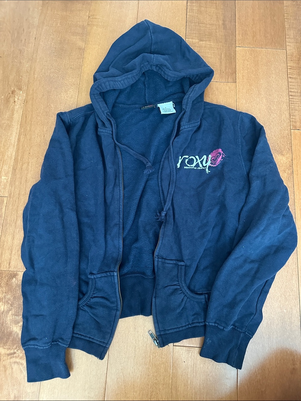 Roxy Navy Blue Zip Hoodie with Pink Logo Accent